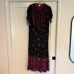 Anthropologie Floral Tiered Maxi Dress in Black & Burgundy